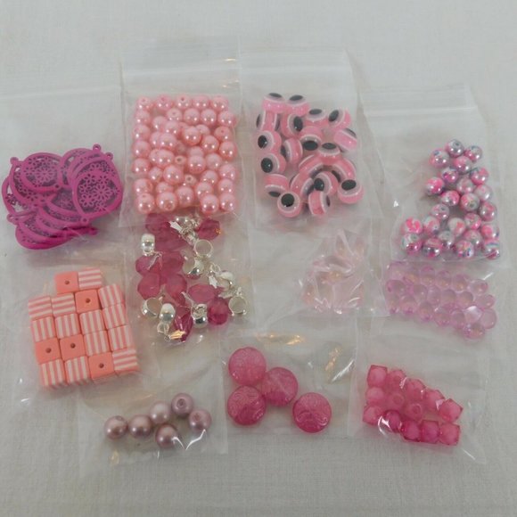 Unbranded Other - Pink Bead Mixed Lot 11 Packs Various Round Square Teardrop Evil Eye Wood Plastic